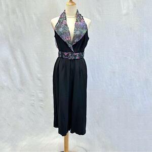 Vintage 90s sheer floral & black cropped wide leg jumpsuit‎ size 11 belted